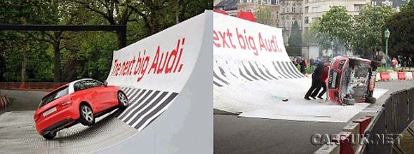 The Audi A1 flips over