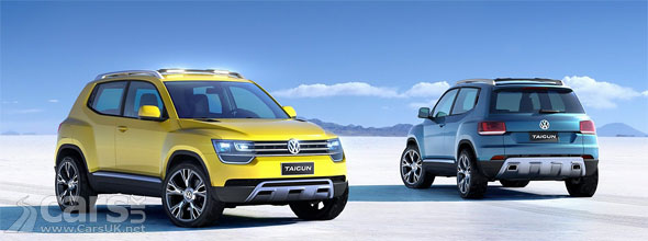 Image of front and rear of VW's Taigun compact SUV based on the Up!