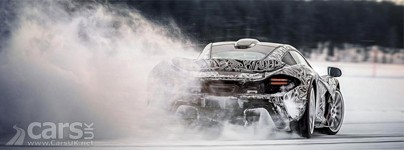 Rear view of McLaren P1 in a cloud of snow