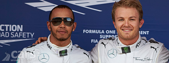 Photo of Rosberg & Hamilton celebrating front row in 2013 Spanish Grand Prix