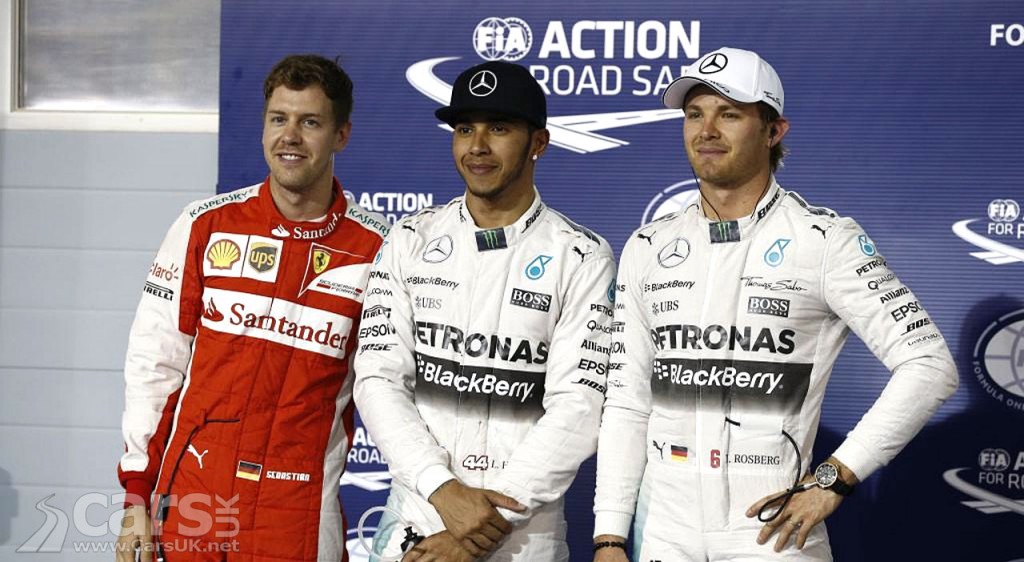 Lewis Hamilton (with Vettel (l) and Rosberg) takes pole in Bahrain