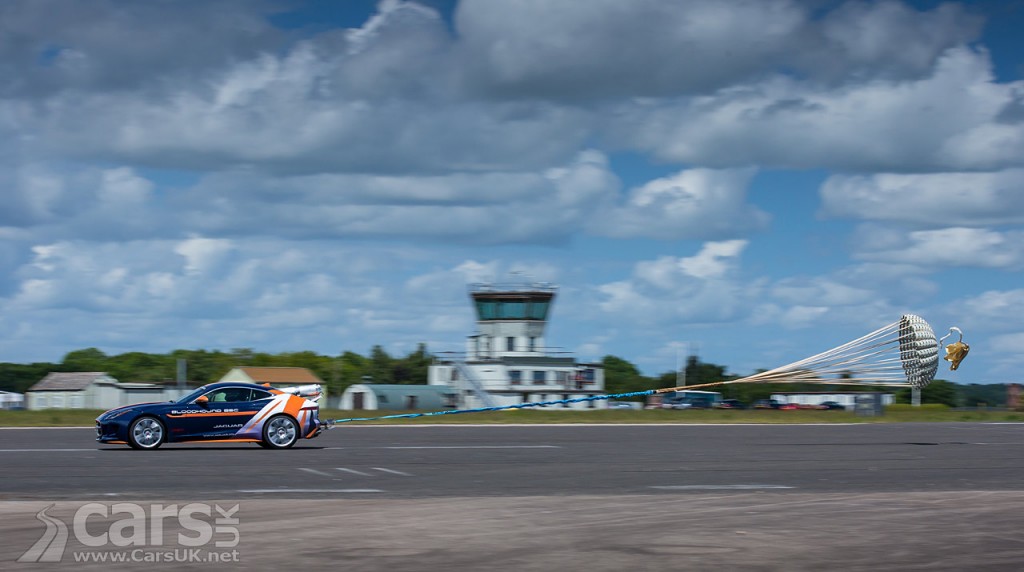 view of Jaguar F-Type testing Bloodhounds 1000mph parachute