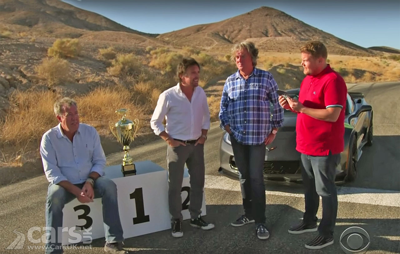 Photo Clarkson, Hammond, May & Corden plus Corvette Late Late Show Quiz