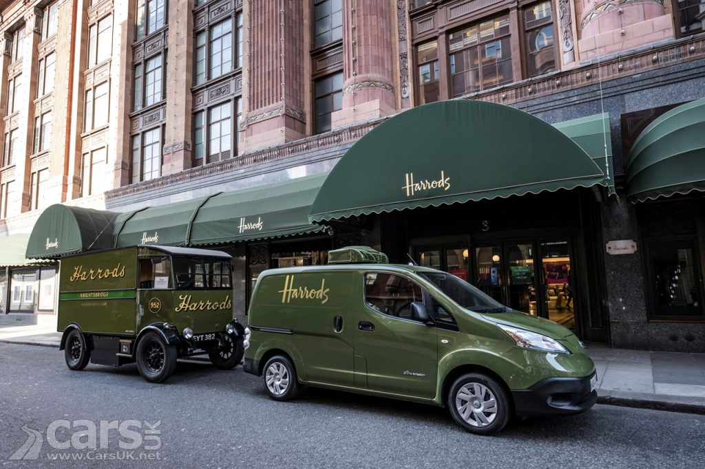 Photo Harrods Nissan e-NV200 electric delivery van and original 100 year old electric van