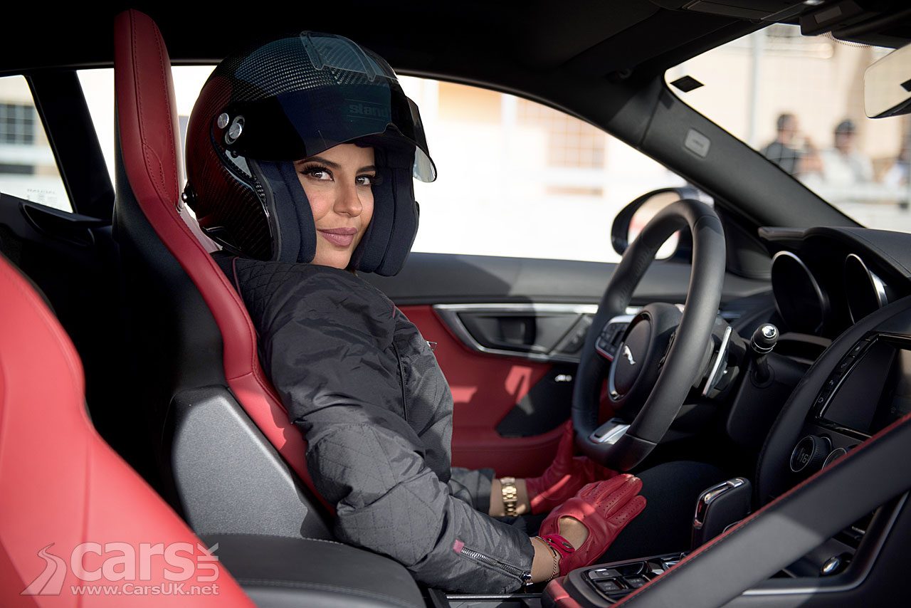 Aseel Al Hamad drives a Jaguar F-Type in Saudi Arabia