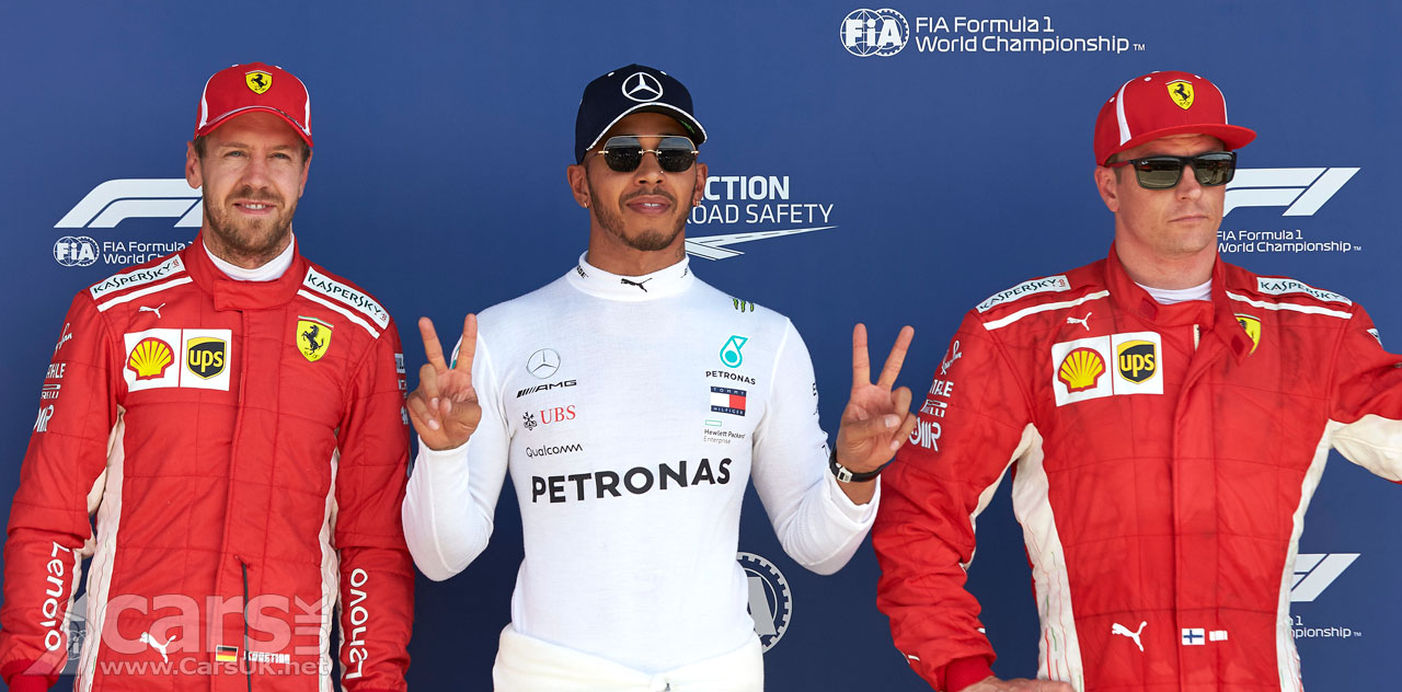 Lewis Hamilton (C) on pole at British Grand Prix. Vettel (L) starts 2nd, Raikkonen (R) third