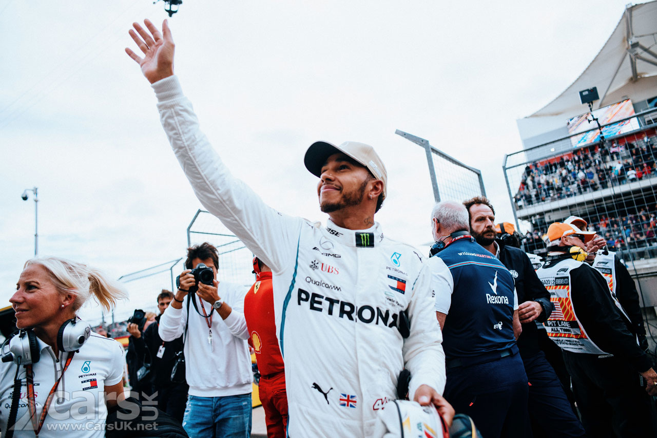 Lewis Hamilton celebrates his pole position at the 2018 US Grand Prix