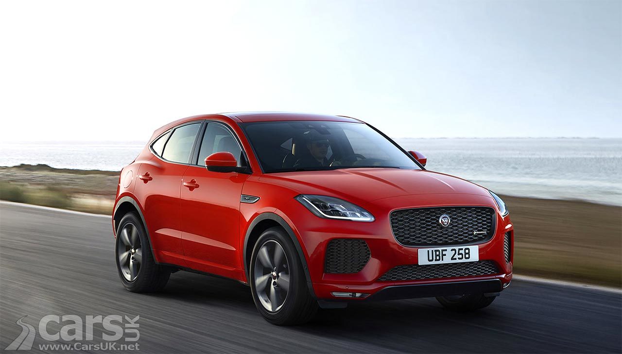 Jaguar E-Pace Chequered Flag Special Edition with red paint job driving on road