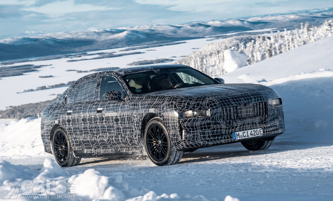 Electric BMW i7 camouflaged testing in snow in Sweden