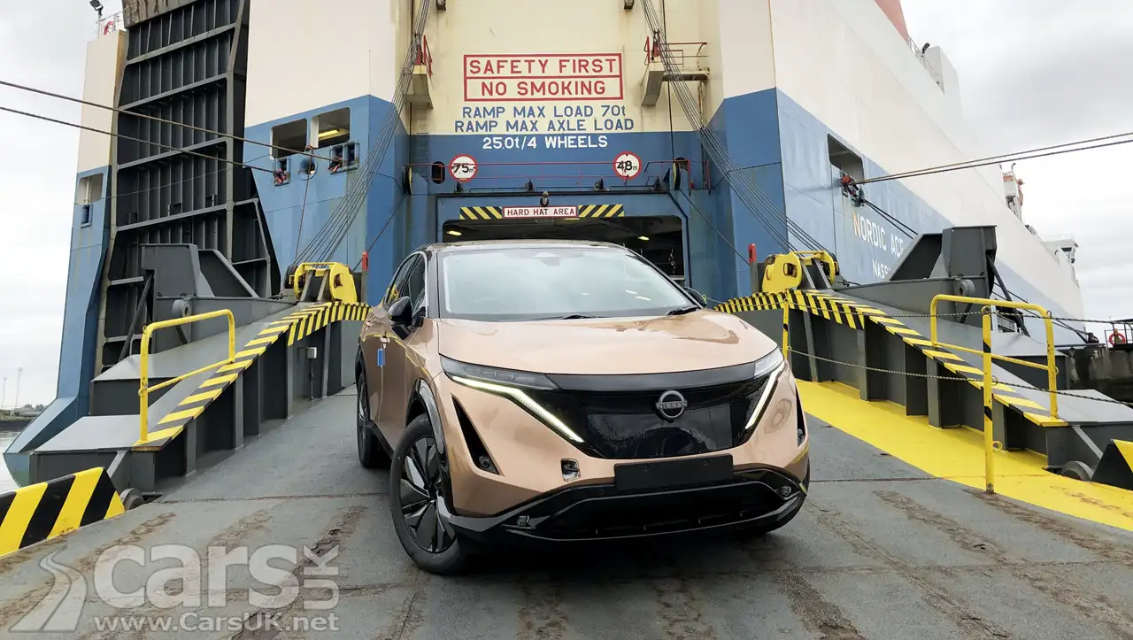 Firs Nissan Ariya to arrive in the UK rolling down a ship ramp