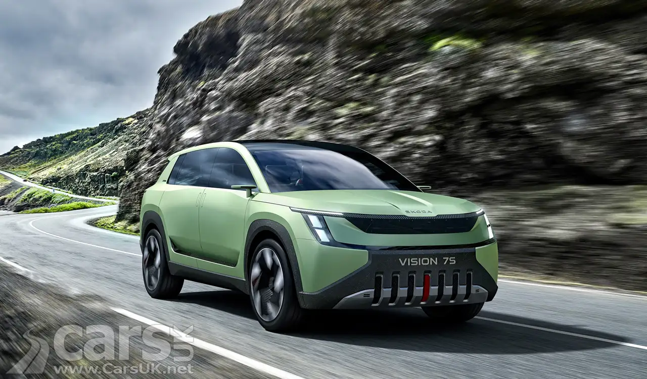 Electric Skoda Vision 7S Concept front view on road