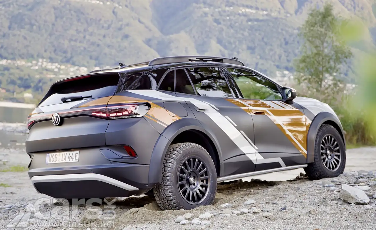 Volkswagen ID. XTREME rear view on stony hill
