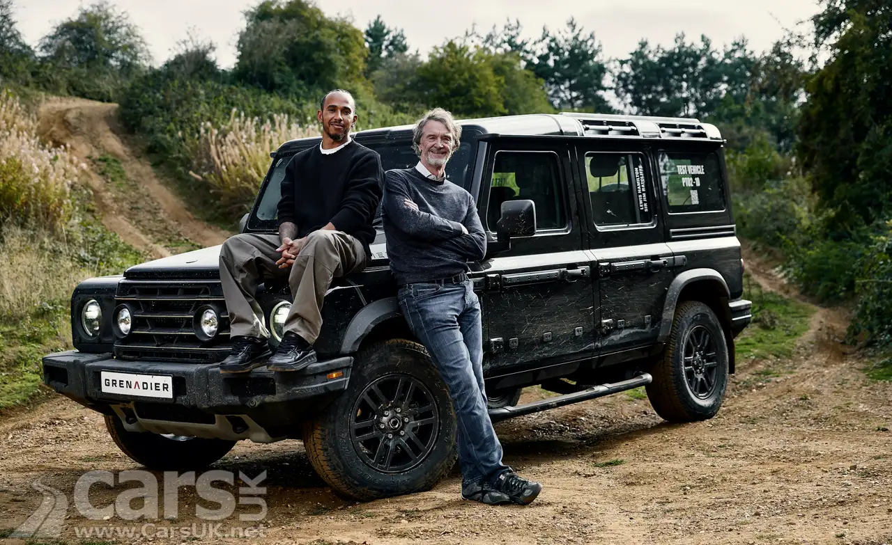 Sir Lewis Hamilton and Sir Jim Ratcliffe with the Ineos Grenadier