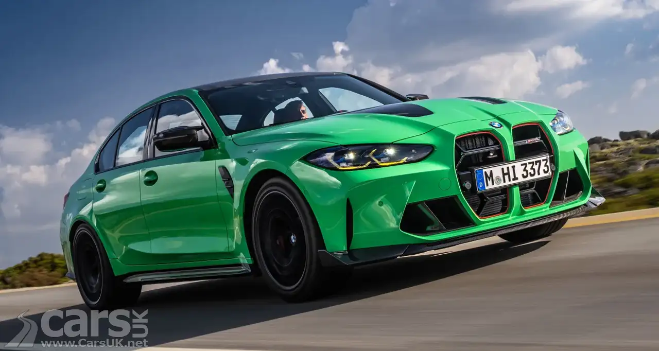 BMW M3 CS in green front shot on road
