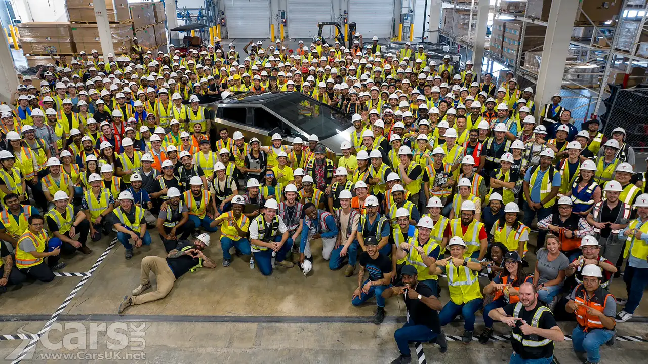 First Tesla Cybertruck produced surrounded by Tesla workforce