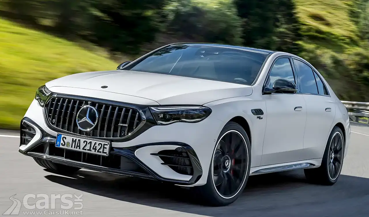 2024 Mercedes-AMG E 53 front view in white on road