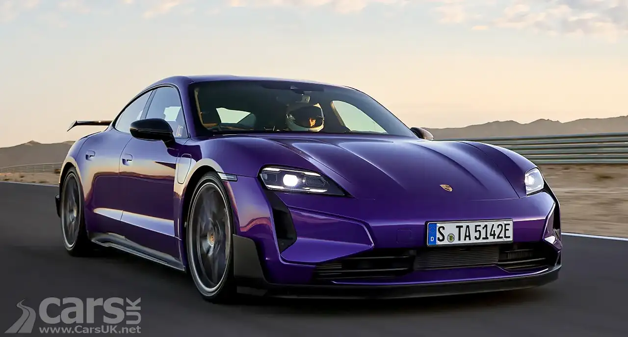 New Porsche Taycan Turbo GT in purple front view on road