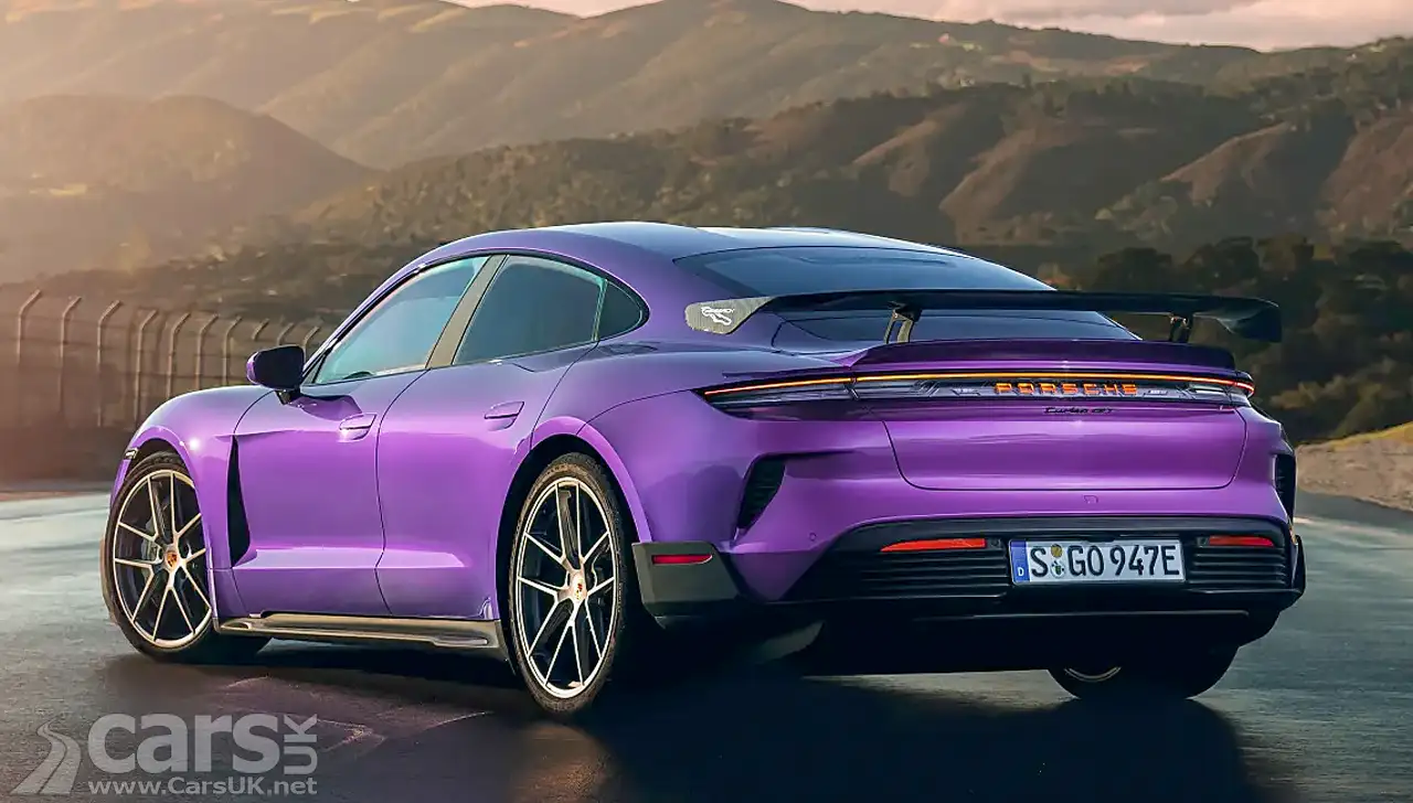 New Porsche Taycan Turbo GT in purple rear view on road