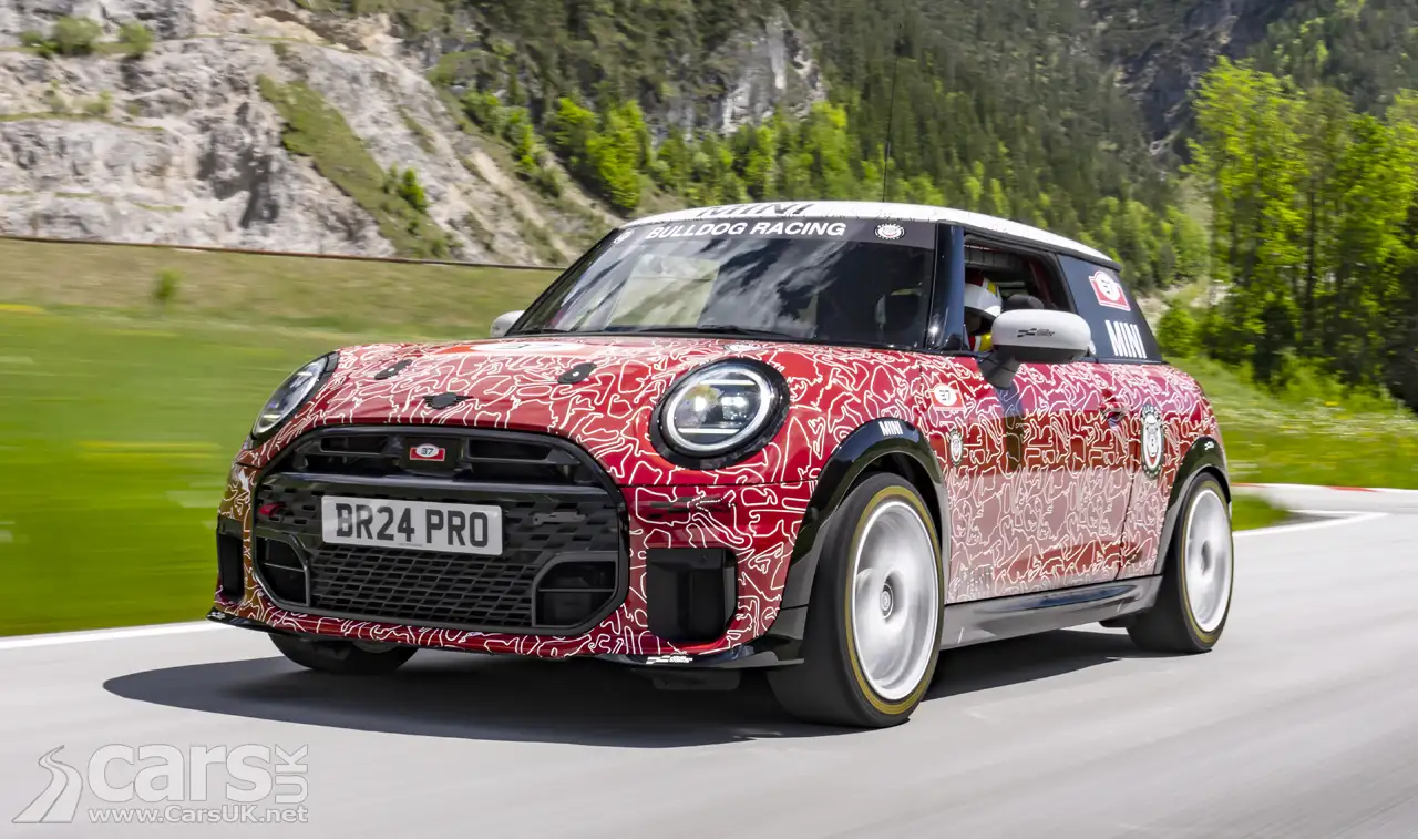 New MINI John Cooper Works with red and white camouflage on road