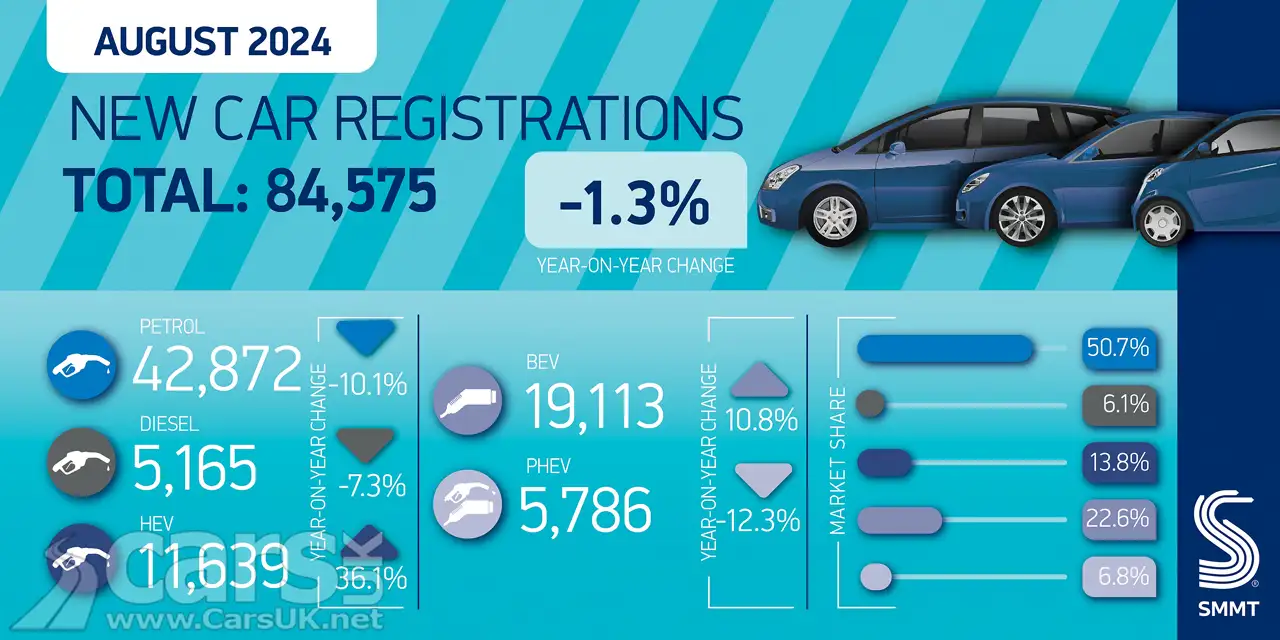 New car registrations DOWN by 1.3% in August 2024 graphic