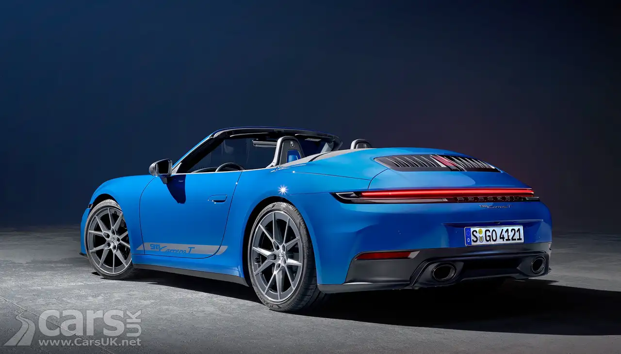 2024 Porsche 911 T Cabriolet in blue rear view