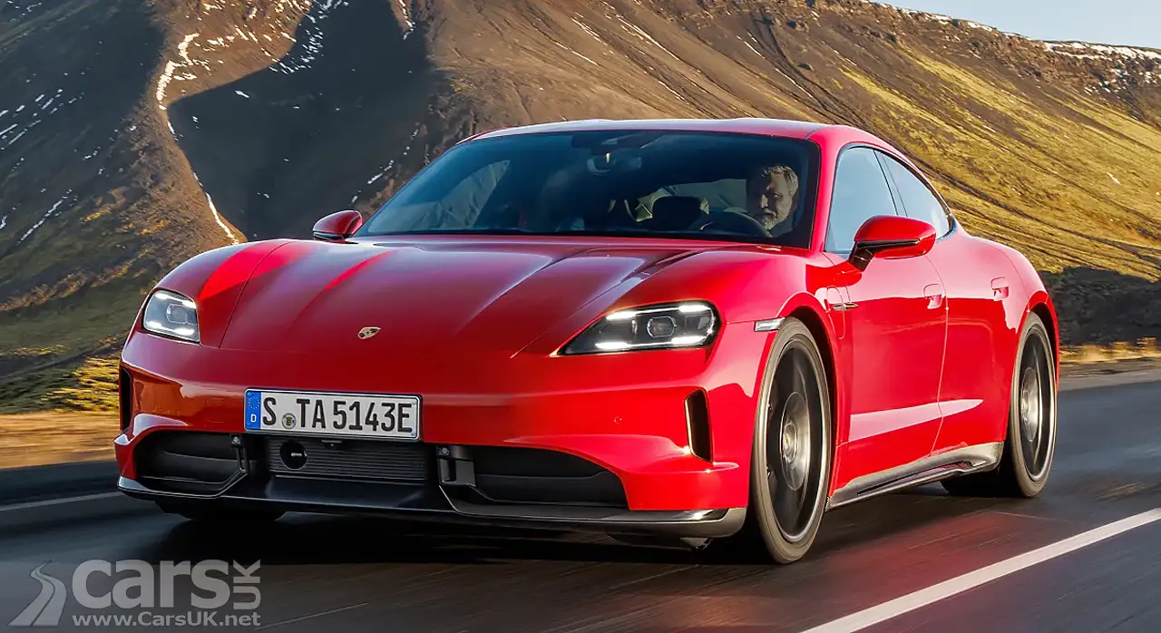 New Porsche Taycan GTS in red front view on road