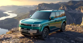 BYD Ti 7 in green on a mountain top.