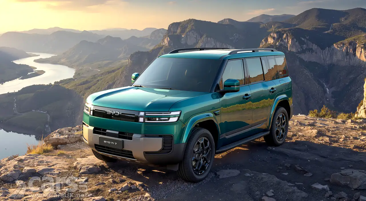 BYD Ti 7 in green on a mountain top.